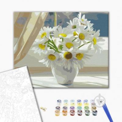 გასაფერადებელი ნომრებით BrushMe BS22637 Daisies in a white vase on the window 40*50სმ. ტილო ჩარჩოზე, აკრილის საღებავი, ფუნჯები /ნაკრები/