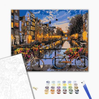 გასაფერადებელი ნომრებით BrushMe BS21031 Sunset on a street in Amsterdam 40*50სმ. ტილო ჩარჩოზე, აკრილის საღებავი, ფუნჯები /ნაკრები/