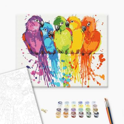 გასაფერადებელი ნომრებით Brushme BS28115 Multicolored parrots  40*50სმ. ტილო ჩარჩოზე, აკრილის საღებავი, ფუნჯები /ნაკრები/