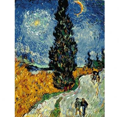გასაფერადებელი ნომრებით BrushMe GX7927 Road with cypress and star. van Gogh 40*50სმ. ტილო ჩარჩოზე, აკრილის საღებავი, ფუნჯები /ნაკრები/