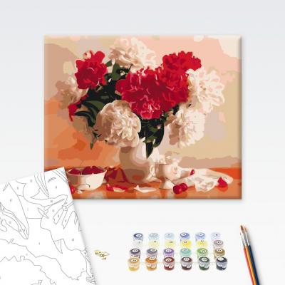 გასაფერადებელი ნომრებით BrushMe BS8082 Red and white peonies and cherries 40*50სმ. ტილო ჩარჩოზე, აკრილის საღებავი, ფუნჯები /ნაკრები/
