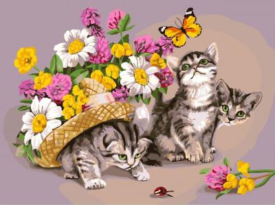 გასაფერადებელი ნომრებით BrushMe GX3069 Kittens in flowers 40*50სმ. ტილო ჩარჩოზე, აკრილის საღებავი, ფუნჯები /ნაკრები/